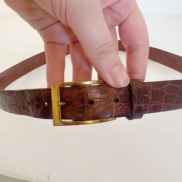 Vintage Mullin's Men's Brown Crocodile Leather Belt Brass Buckle Size 36 - Picture 2 of 7